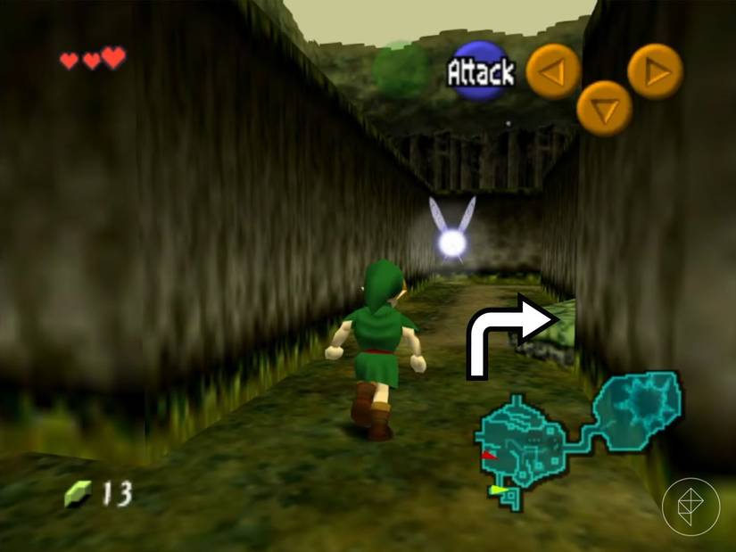 Link, un elfo vestito di verde, che cammina lungo un sentiero chiuso in Ocarina of Time.