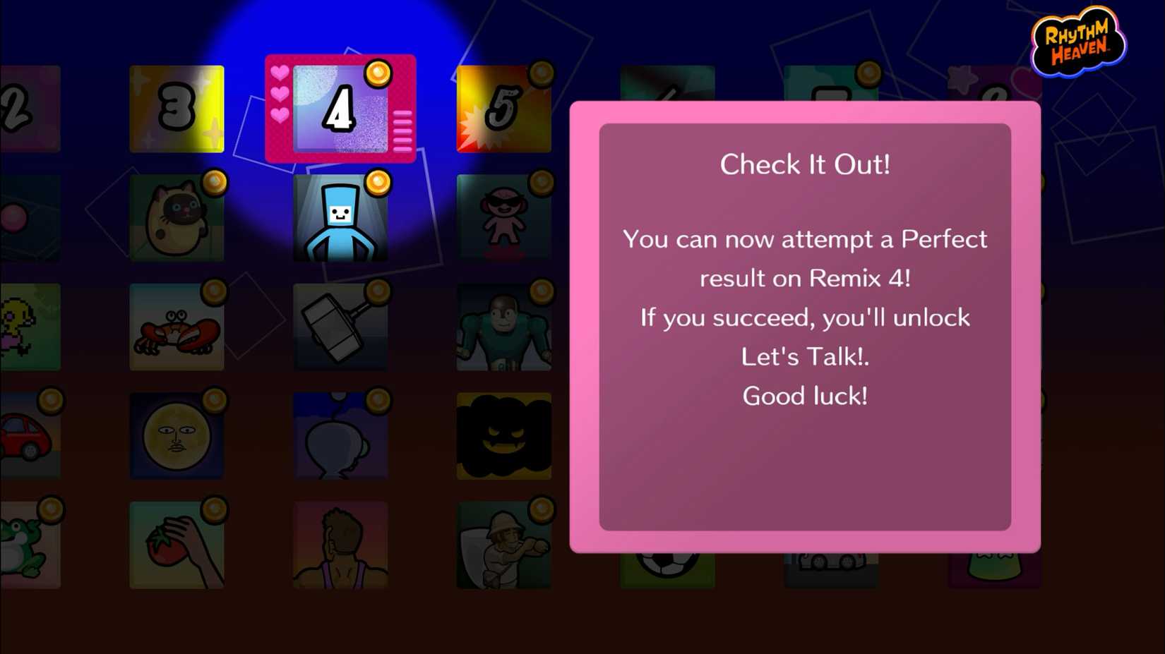 A pink square telling the player that they can attempt to get a perfect on Remix 4 in Rhythm Heaven Groove.