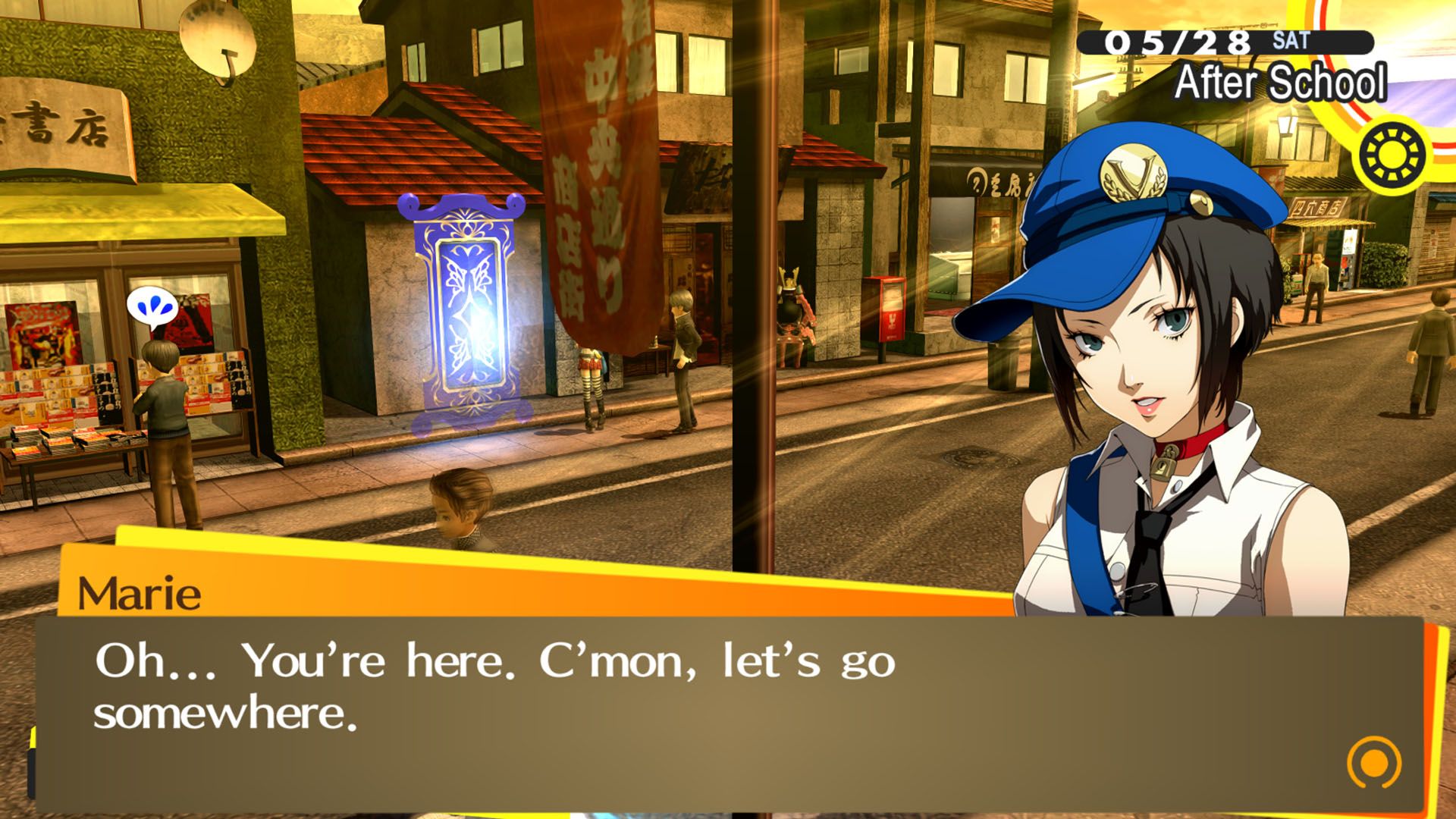 A Persona 4 Golden showing Marie saying "Oh... You're here. C'mon, let's go somewhere."