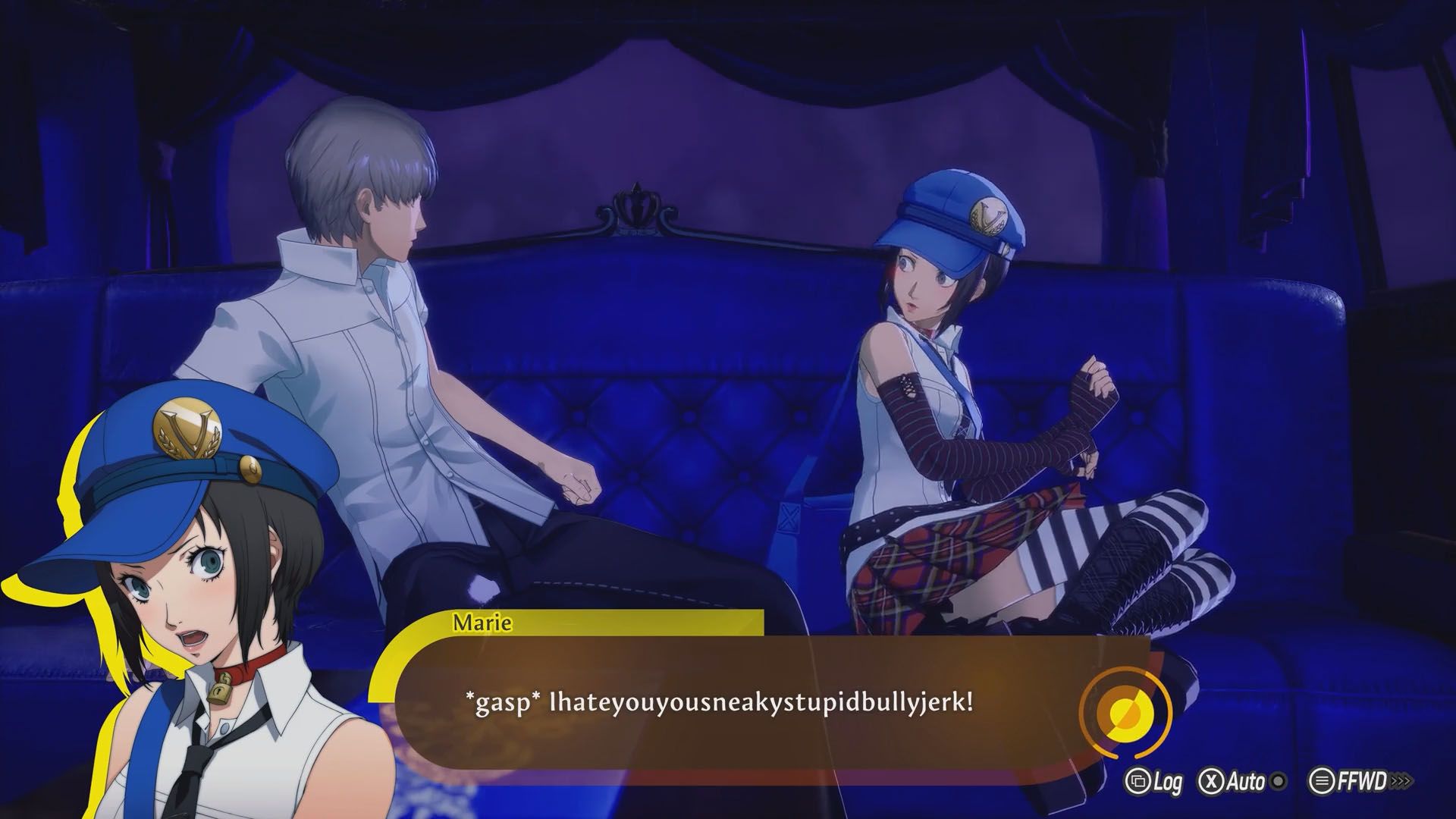 A Persona 4 Revival screenshot showing Marie talking to the protagonist in the Velvet Room