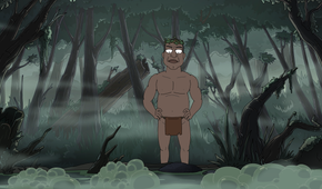 President Curtis wearing a leaf crown and a loincloth stands in a swamp