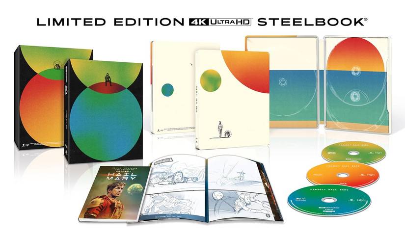 A steelbook case, three discs, and two booklets for Project Hail Mary's 4K UHD release.