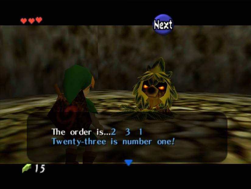 Link talking to a Deku Scrub, a humanoid creature covered in leaves, in Ocarina of Time.