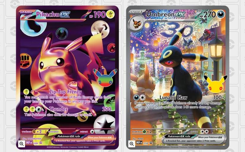 A look at the Pokemon 30th anniversary Pikachu ex card, which comes in the new Future Rare rarity, as well as Umbreon Ex. 