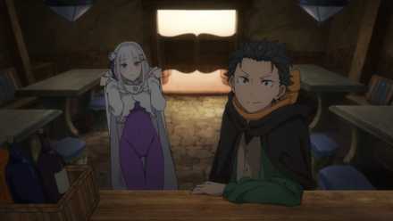Subaru leaning over a bar as Emilia takes off her hood.