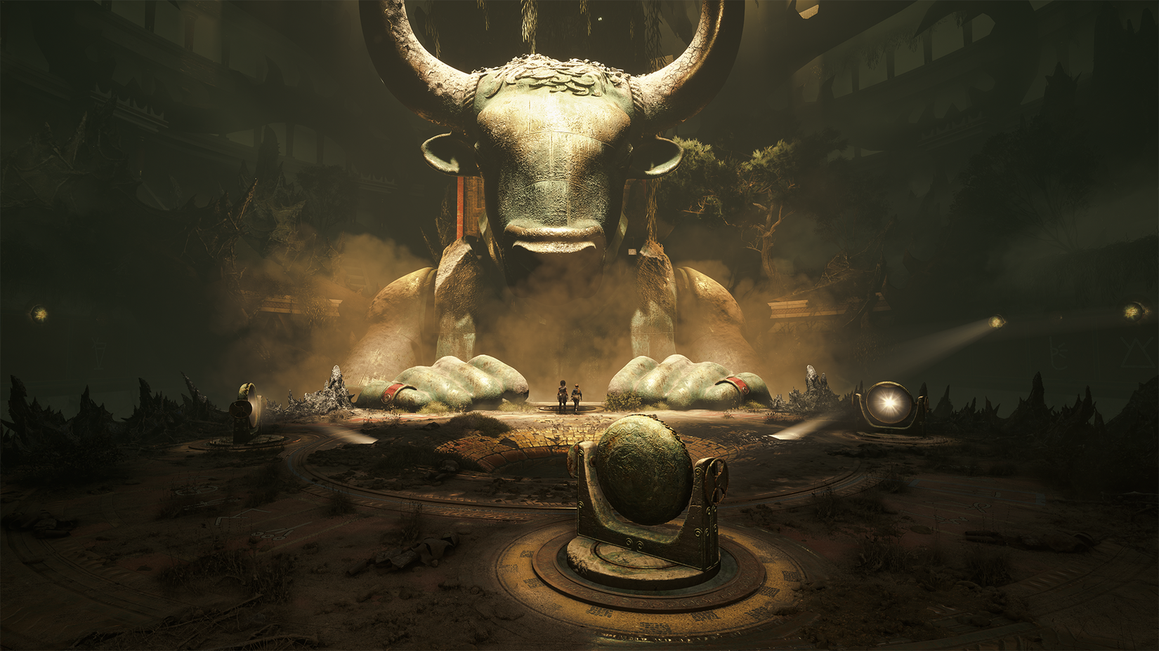 Sophia and Lemi examining a massive stone minotaur statue in Resonance: A Plague Tale Legacy