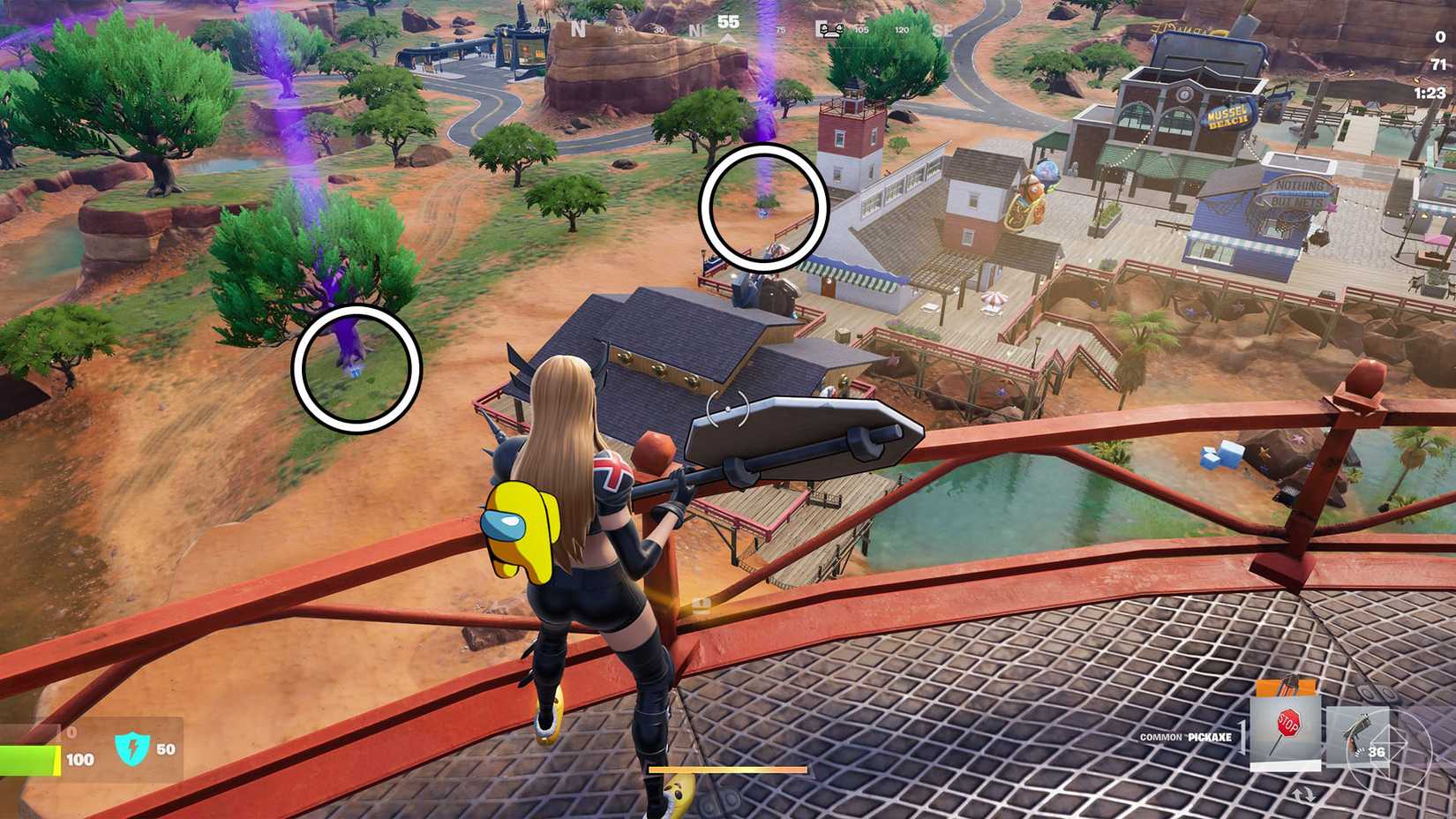 Magik degli X-Men guarda oltre una ringhiera per individuare due forzieri blu da cui escono raggi viola in Fortnite.