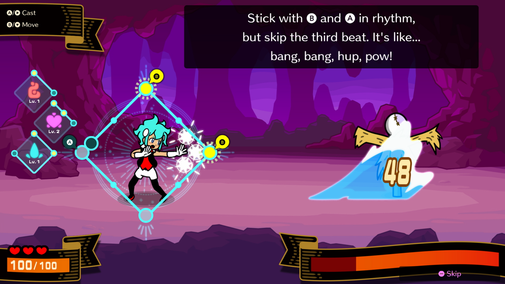 A character casts a spell in Rhythm Heaven Groove's Beatspell mode.