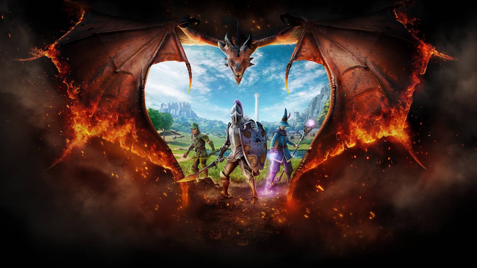 RuneScape Dragonwilds Key art featuring a trio of adventureres and a dragon.