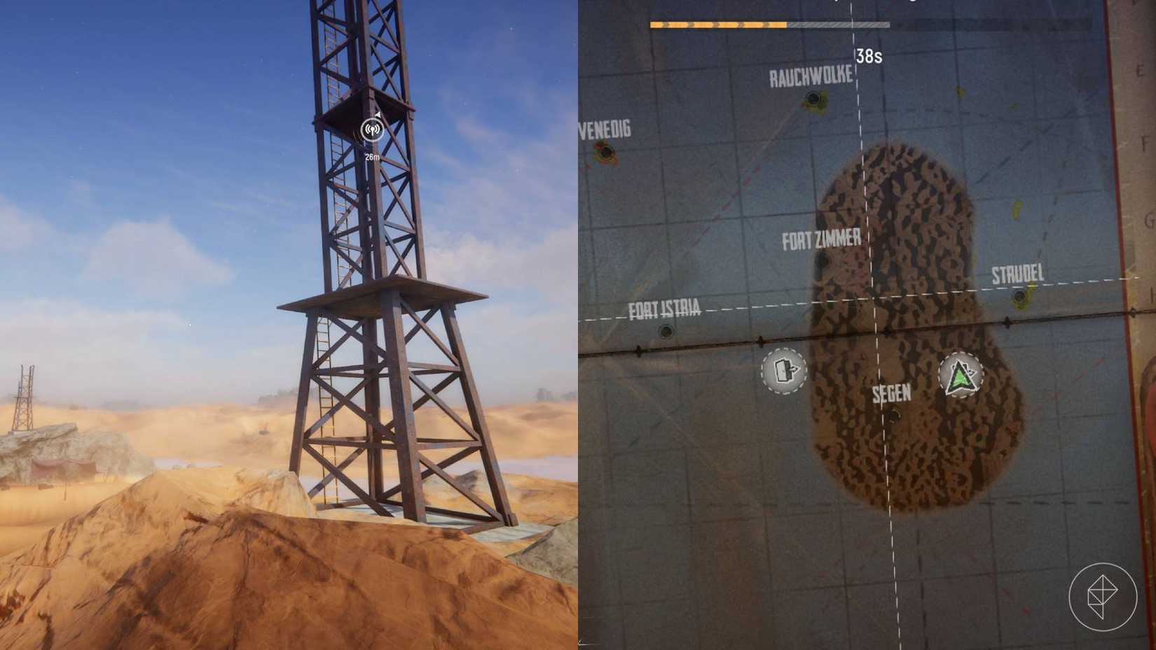 The left-hand side of the image shows the player in Sand standing next to a radio tower while the right-hand side shows the extraction points marked on the in-game map.