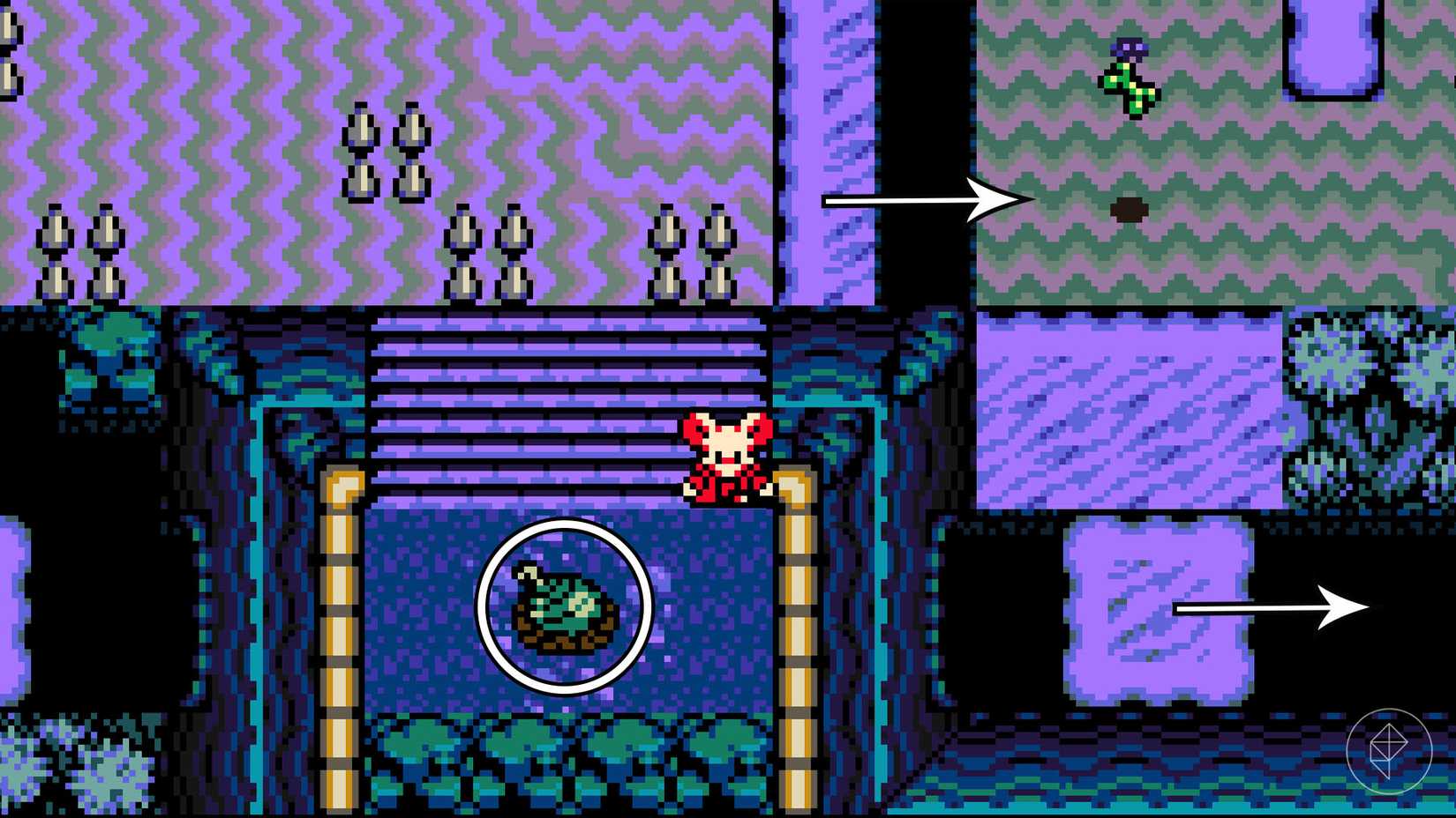 Mina the Hollower standing beside a bomb in the ground in a sandy purple area.