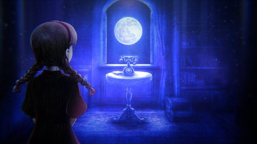 A girl in pigtails approaches an old telephone in a moonlit room