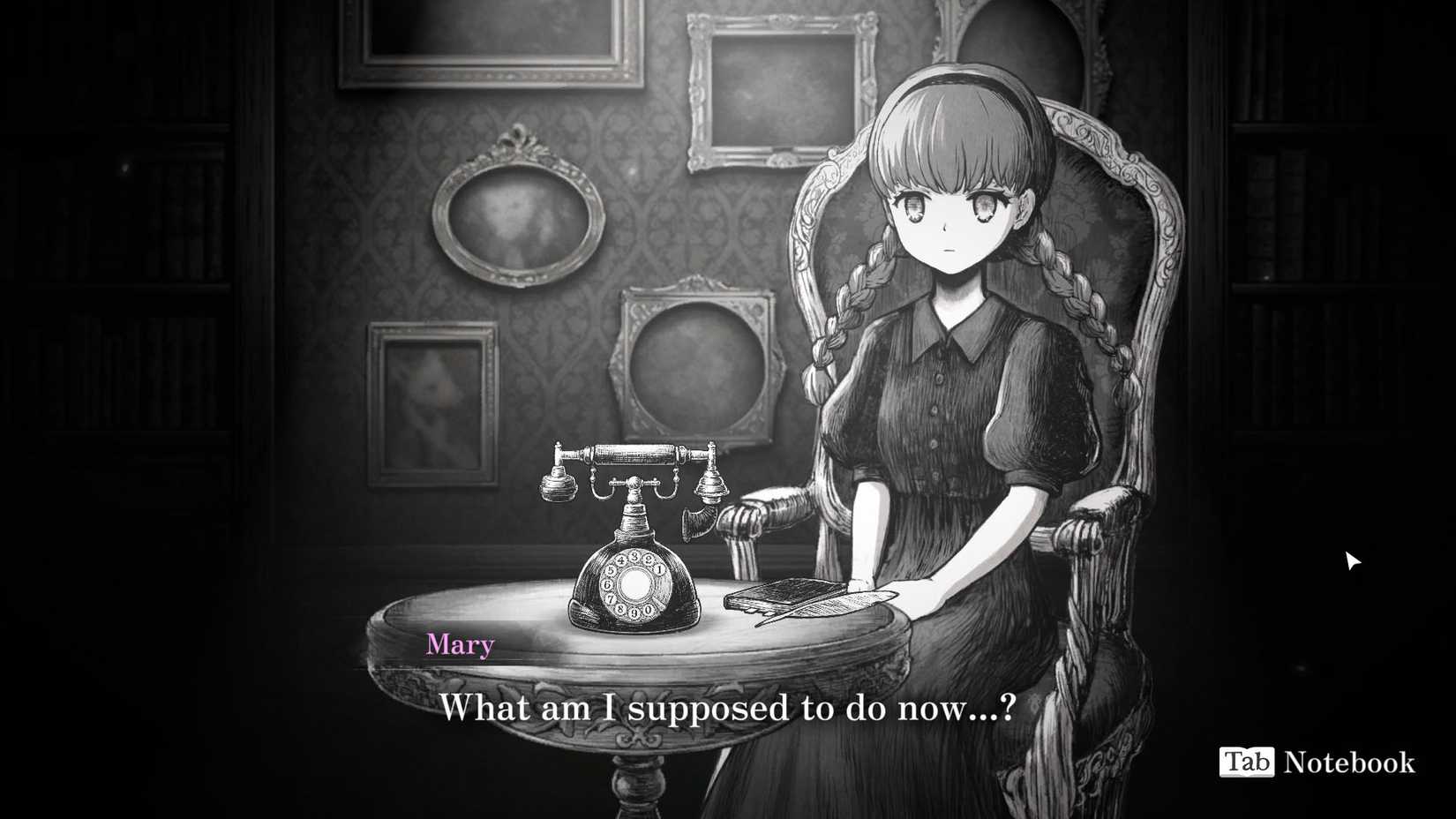 A Schrödinger's Call screenshot showing Mary on an old chair next to an old telefone