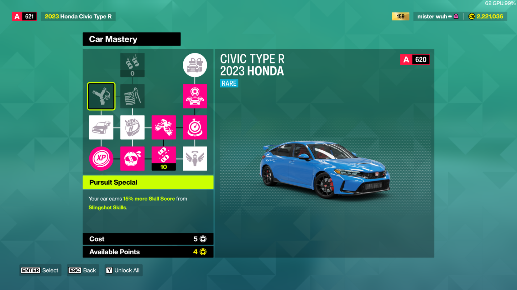 A view of the 2023 Honda Civic Type R's Mastery tree