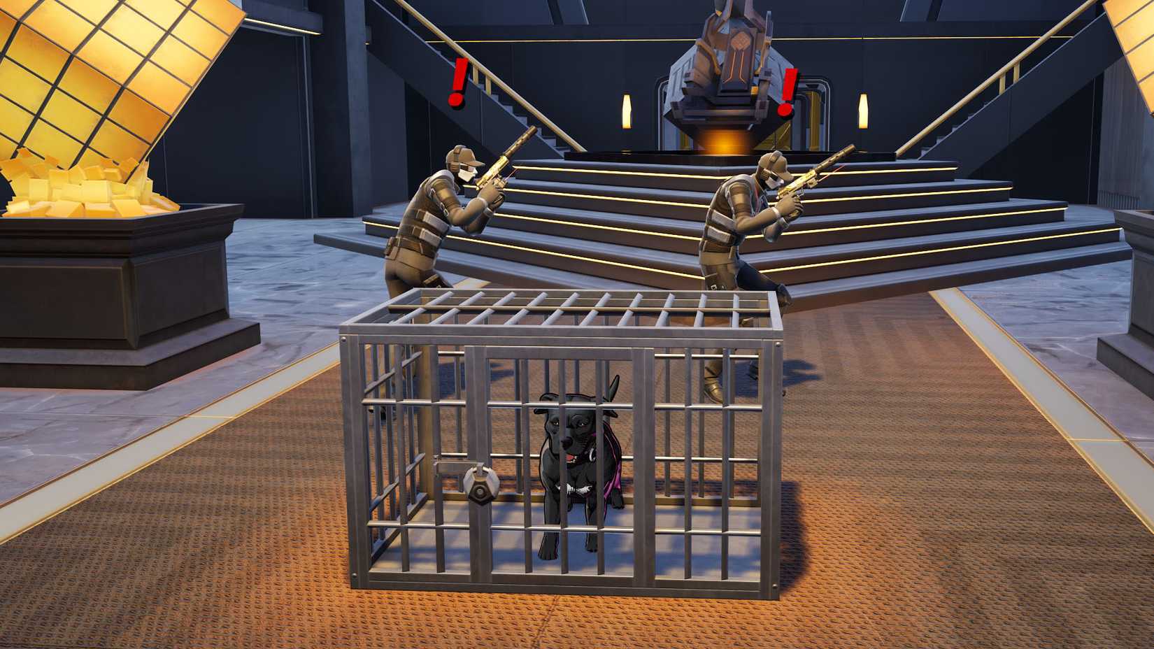 Security guards with silenced pistols and red exclamation points over their heads standing behind a dog locked in a cage in Fortnite.