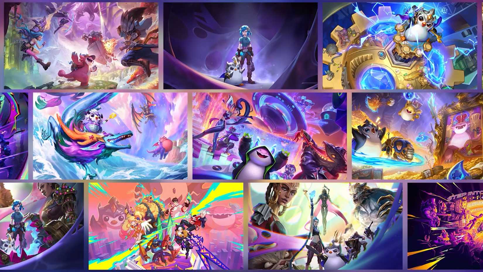 A collage of Teamfight Tactics featured art including little legends like Pengu and Choncc and iconic TFT and League of Legends champions.