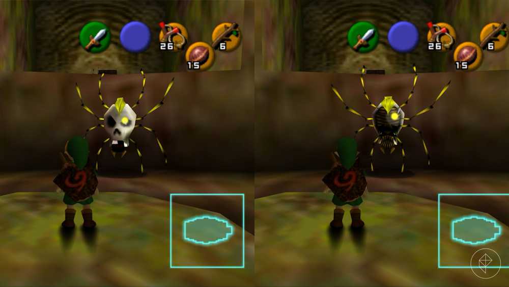Link em frente a uma skulltula em Ocarina of Time.