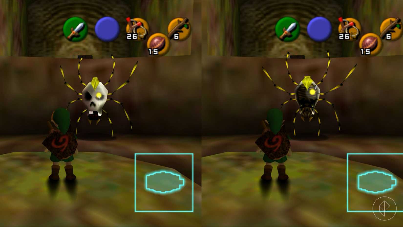 Link standing in front of a skulltula, a spider with a skull on its back, as sit flips from its front side and back side.