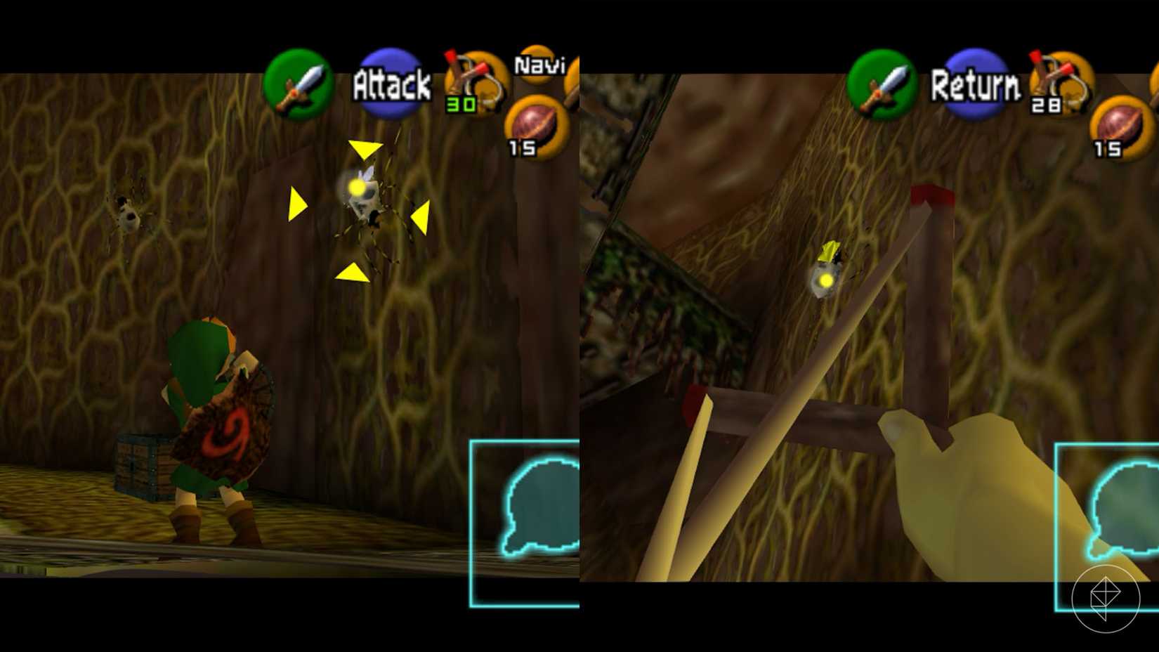 Link aiming at skullwalltulas, spiders on a wall, in Ocarina of Time.
