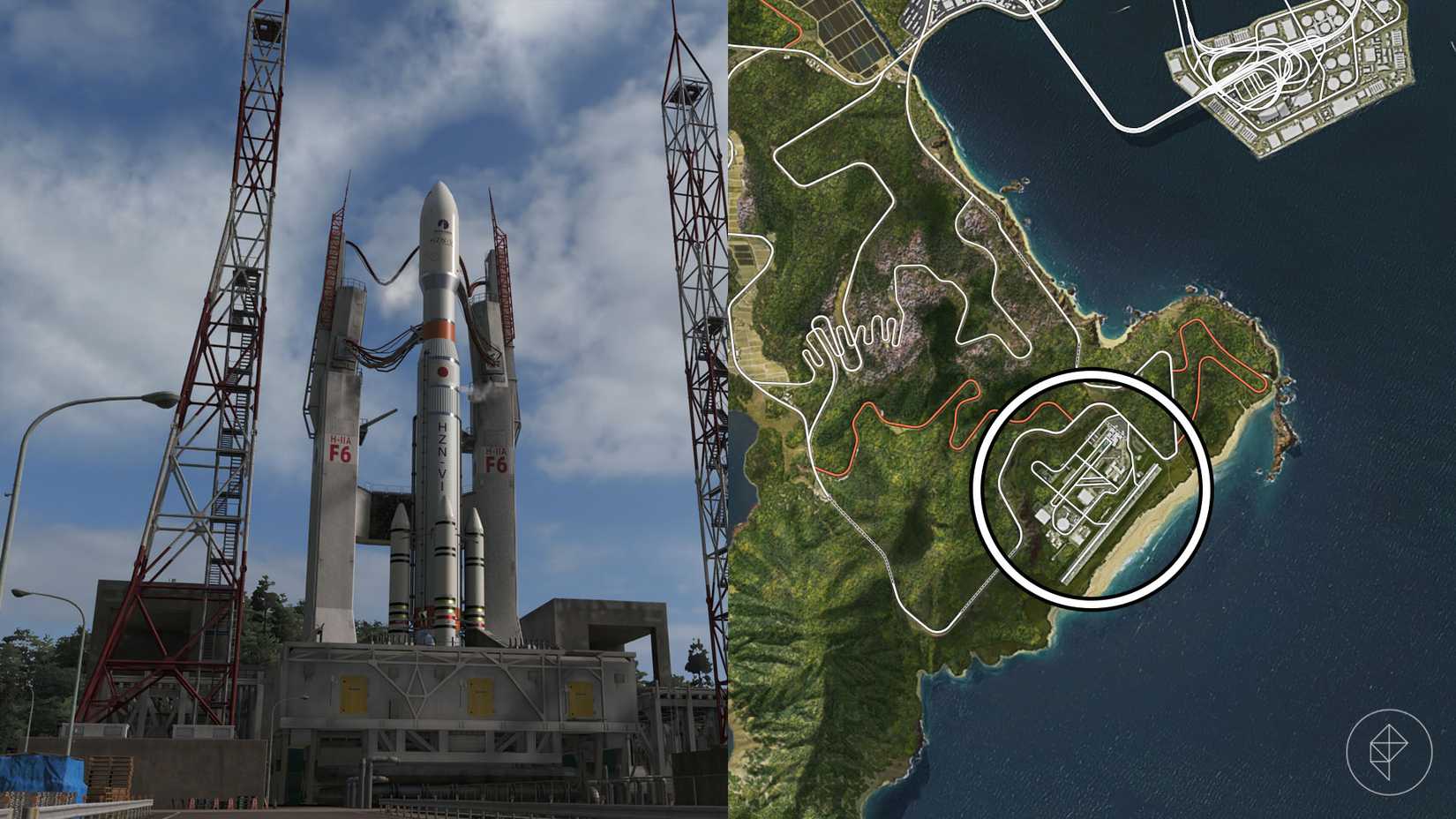 A rocket ship on top of a launch pad in Forza Horizon 6 along with its location circled on the map.