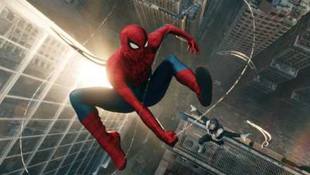 A still from Spider-Man: Brand New Day with Boomerang attack Spider-Man on a rooftop