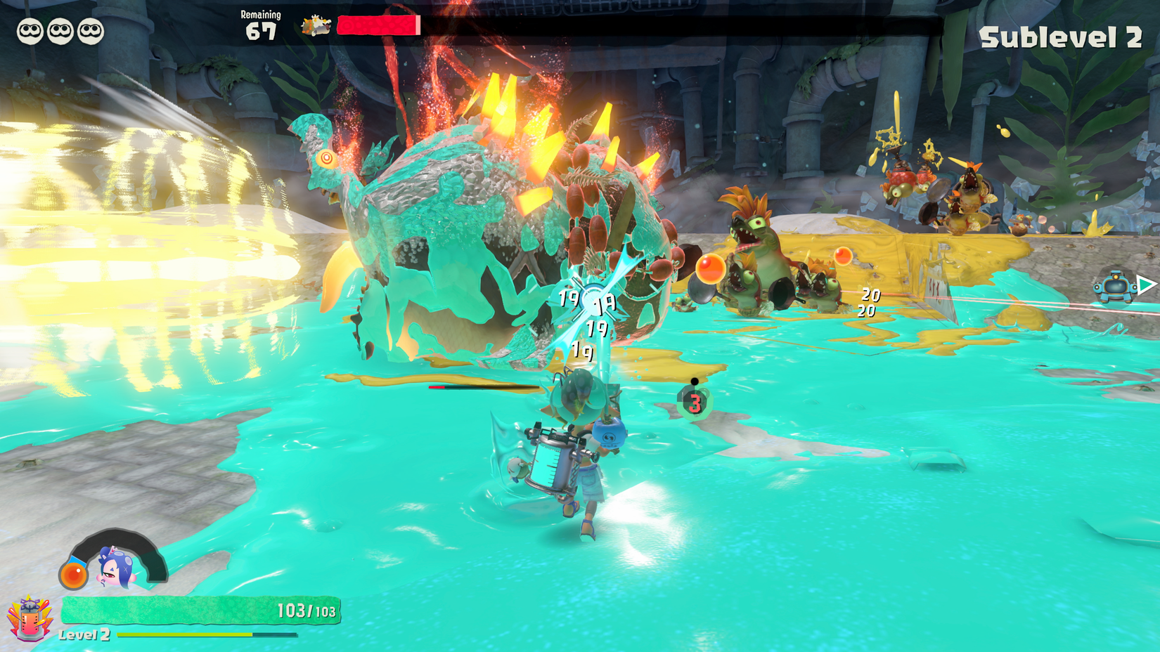 An Inkling shoots Salmonids in a raid in Splatoon Raiders.