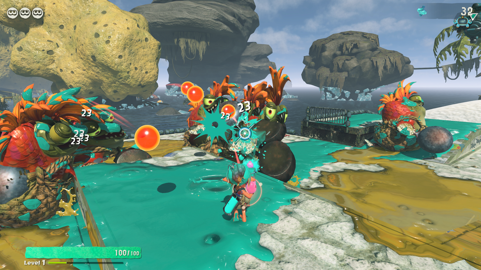 An Inkling shoots Salmonids in Splatoon Raiders.