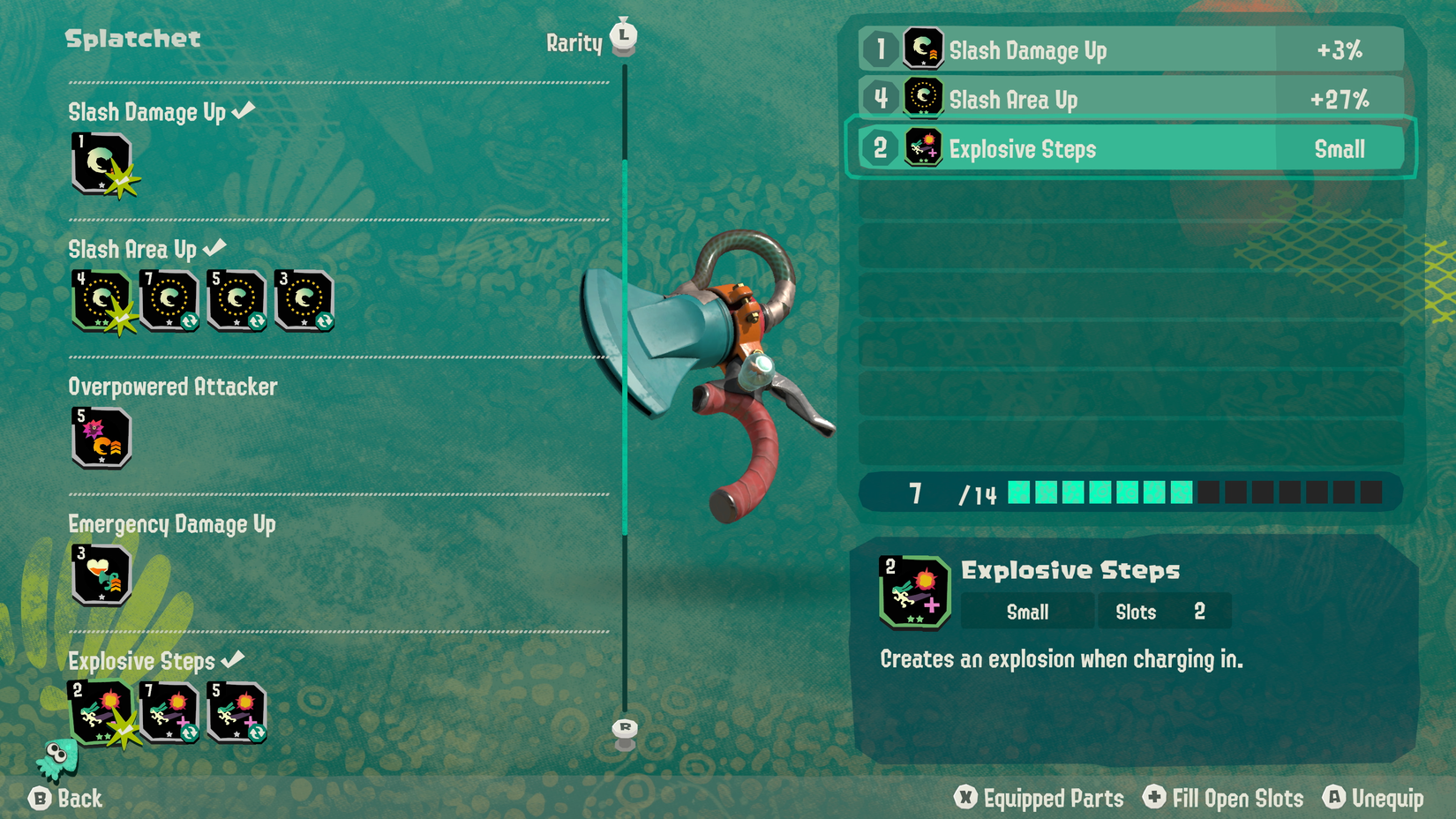 A weapon perk screen appears in Splatoon Raiders.