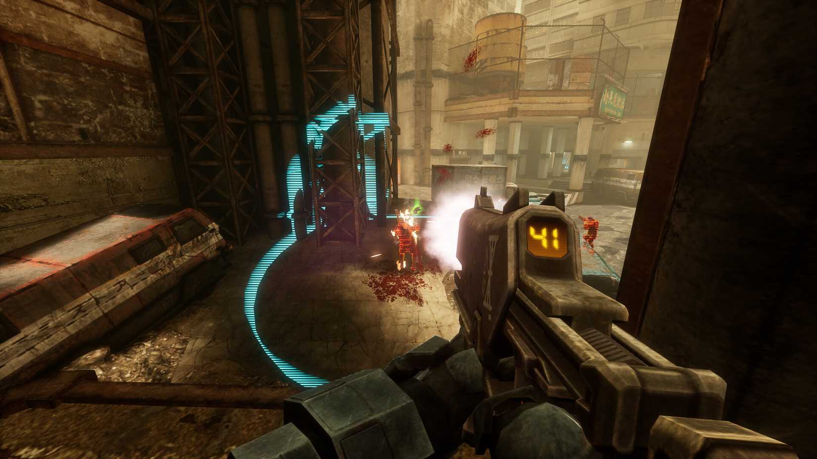 A player shoots a gun in Sprawl Zero.