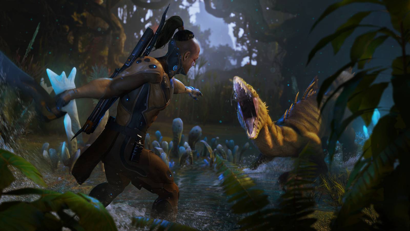 Turok Origins player squares off against a dinosaur