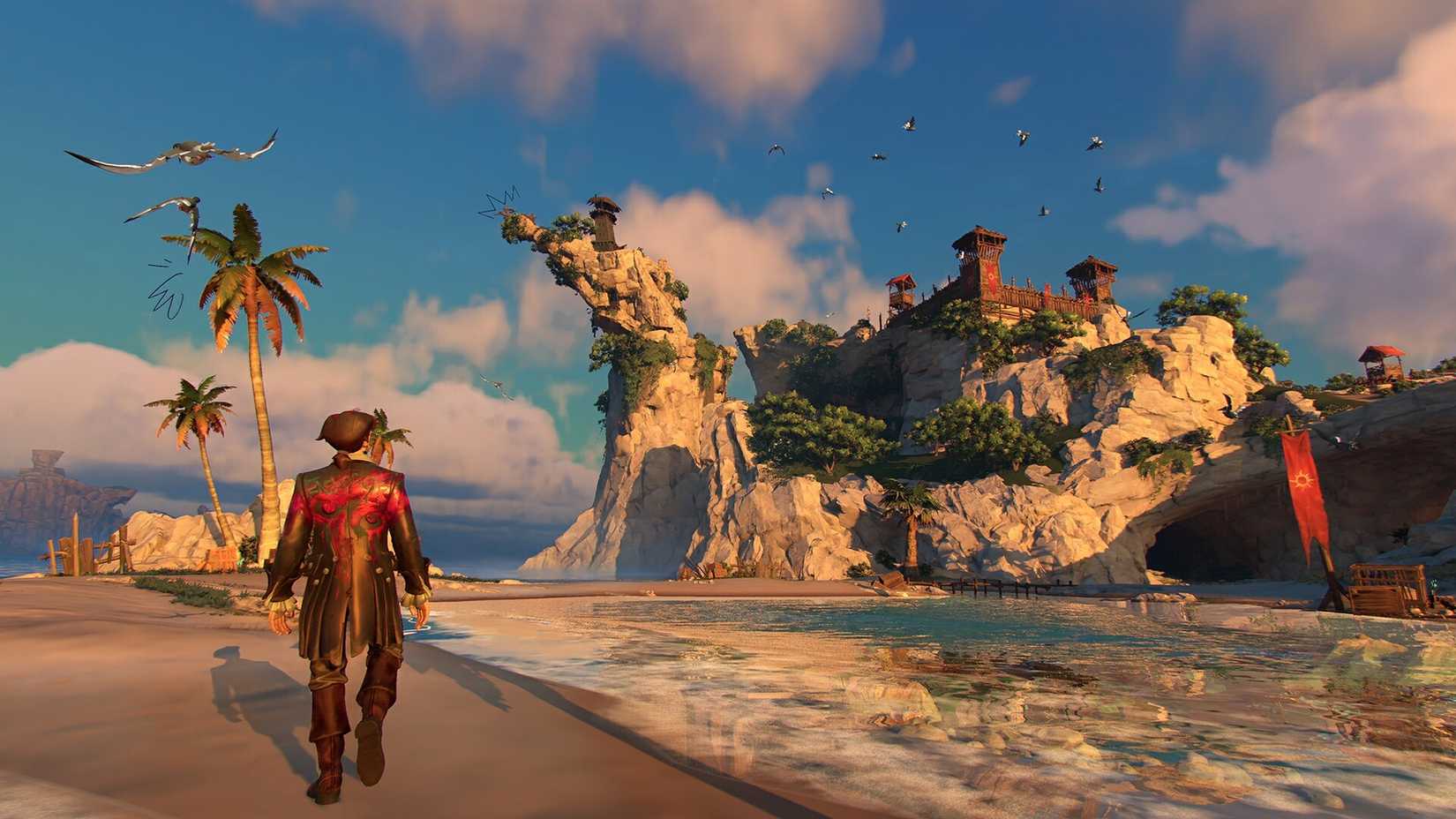 A pirate walks on a beach in Sea of Remnants