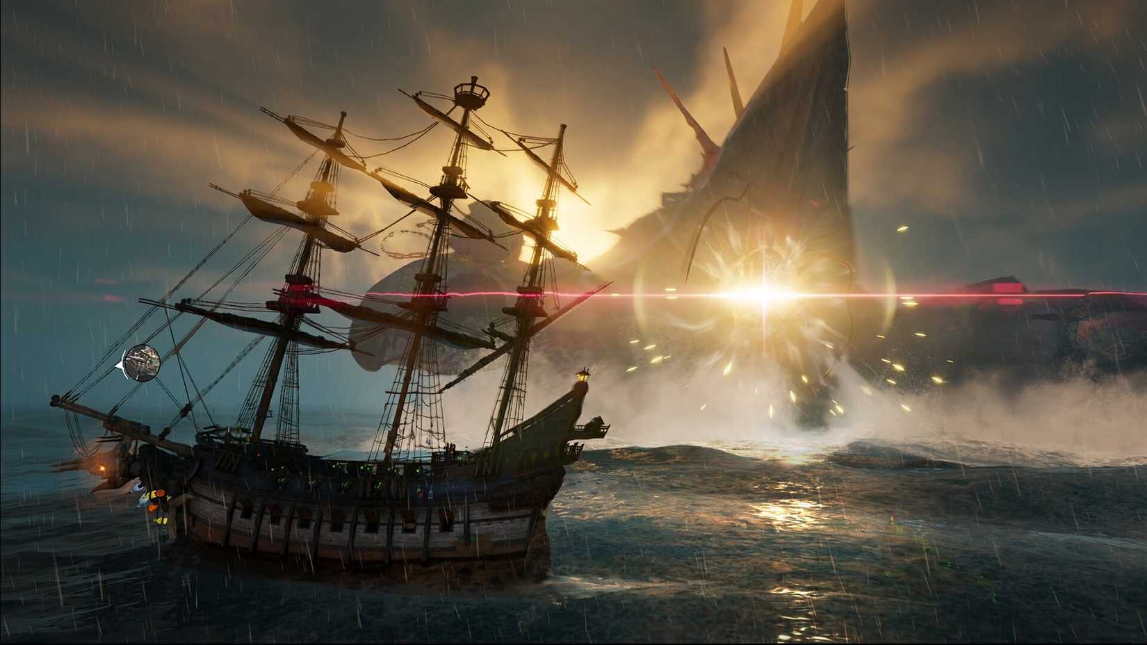 A pirate ship sails by a giant squid in Sea of Remnants