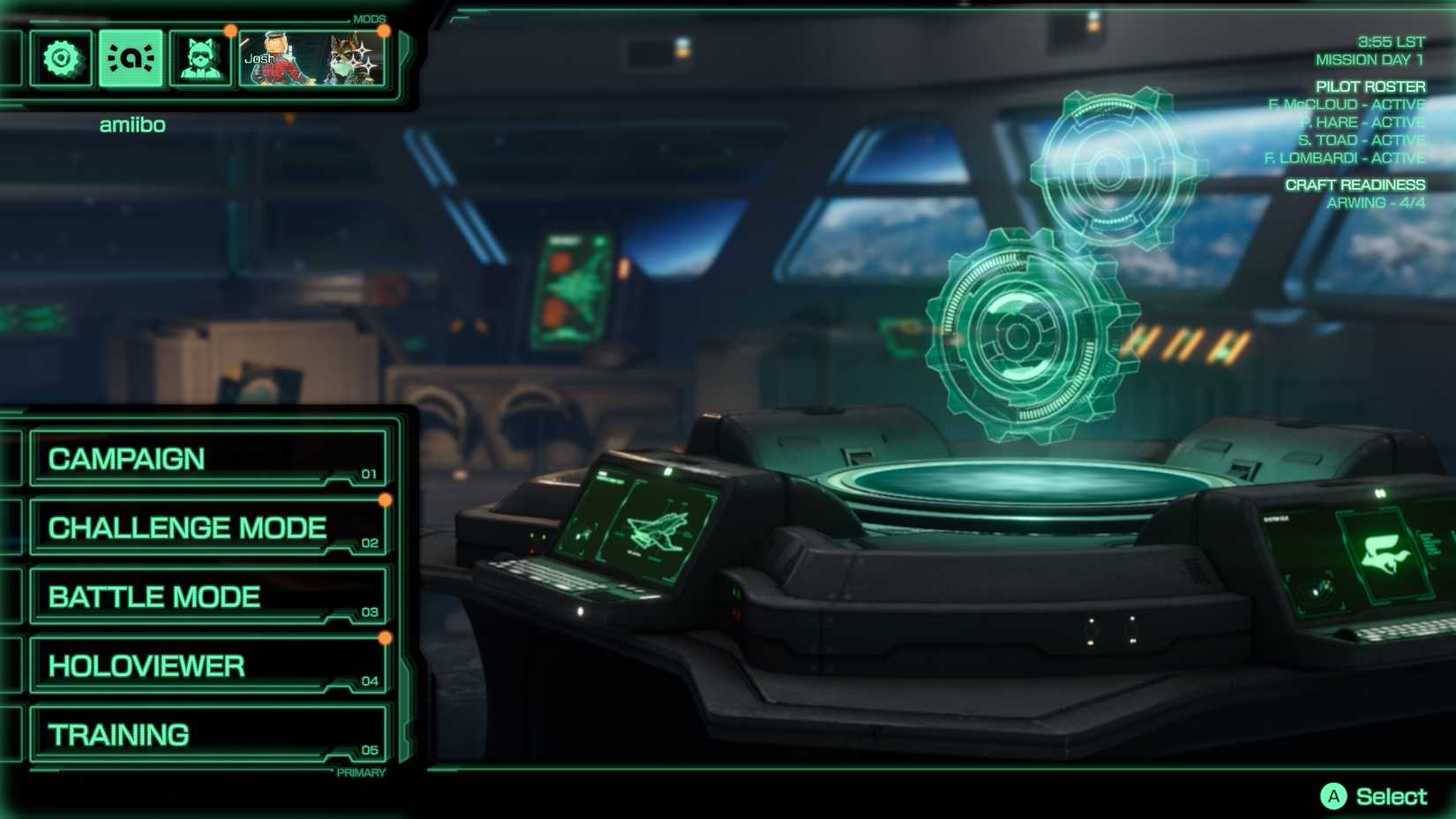 The main menu in Star Fox with the amiibo option highlighted
