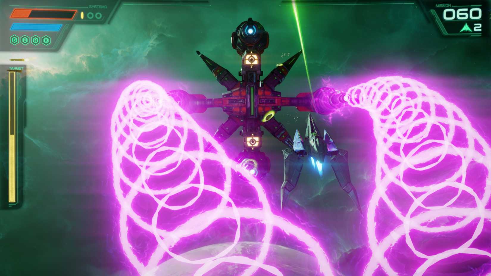 A boss shoots at an Arwing in Star Fox.