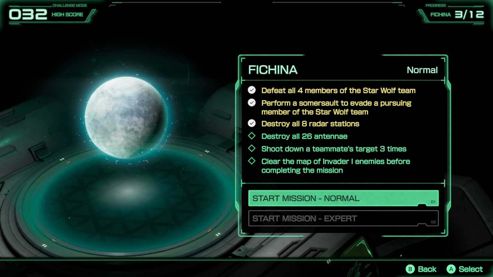 A challenge menu appears in Star Fox.