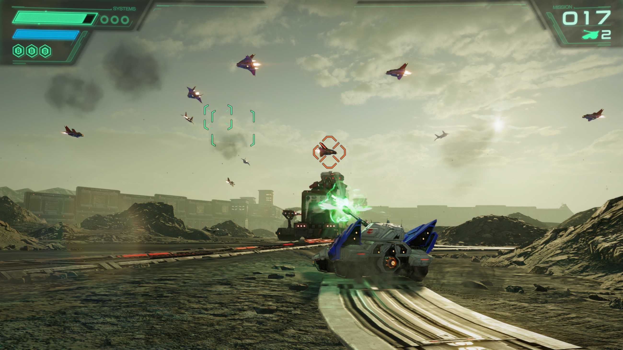 A Landmaster tank fires at a train in Star Fox.