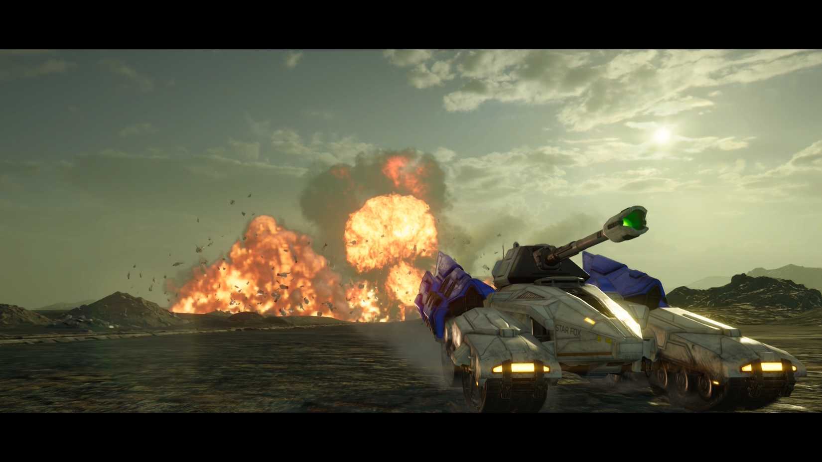 A Landmaster driving away from an exploding factory in Star Fox