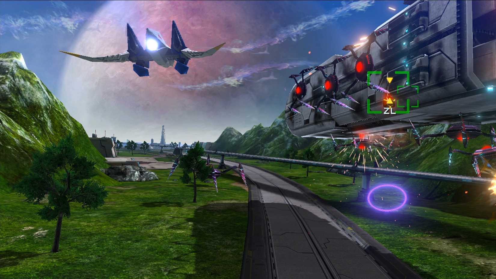 Fox flying along a train track in Star Fox Zero