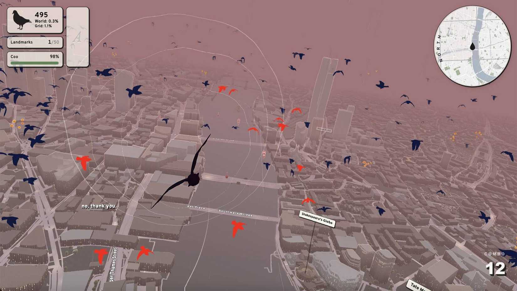 A black pigeon soaring over London among a massive flock in Pigeon: A Love Story.