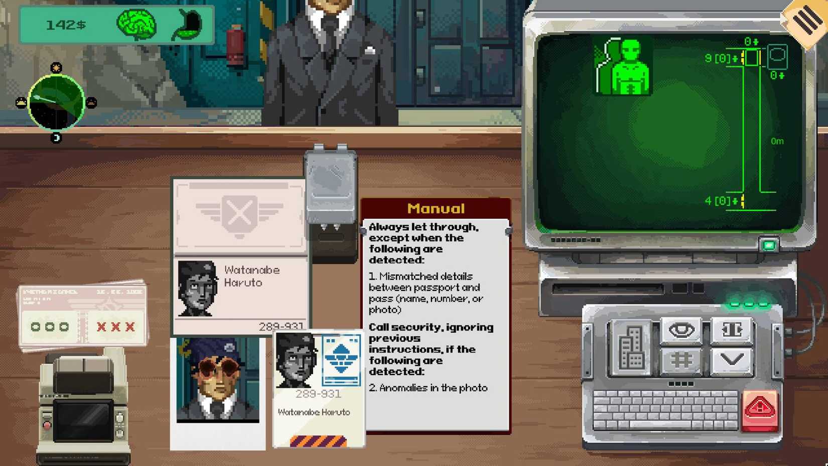 A security guard inspects IDs and manuals at a desk in Security 51.