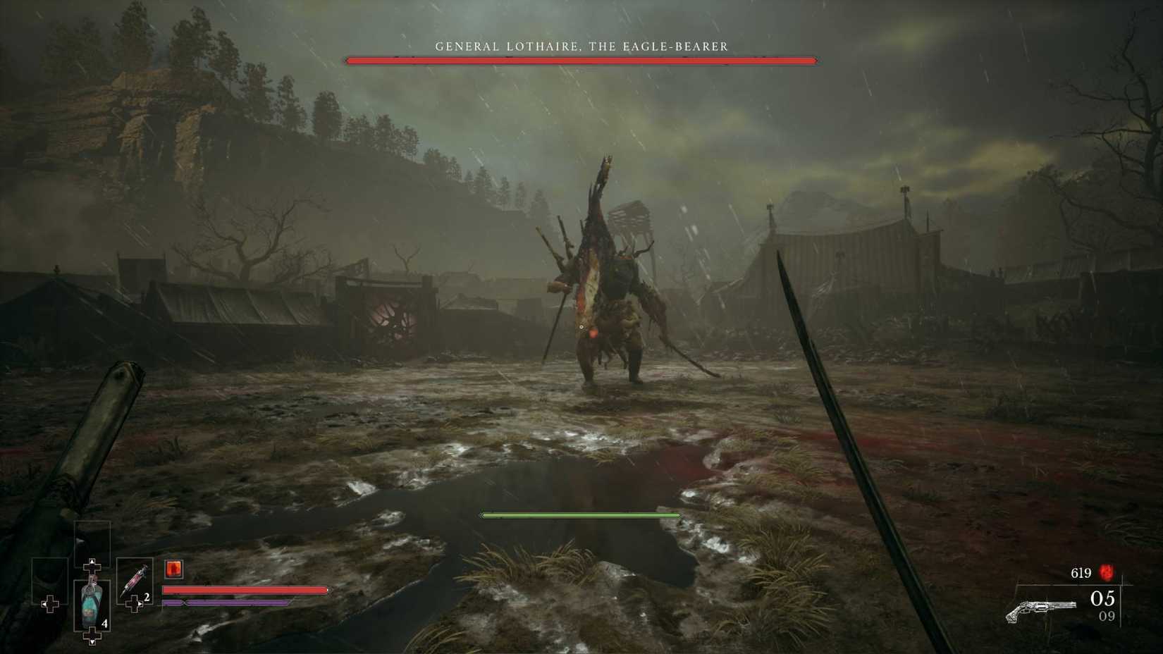 A soldier wielding a cutlass in Valor Mortis, engaging a formidable boss.