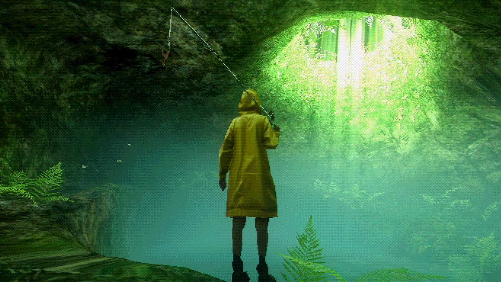 A character wearing a yellow raincoat stands with a fishing rod in a cave.