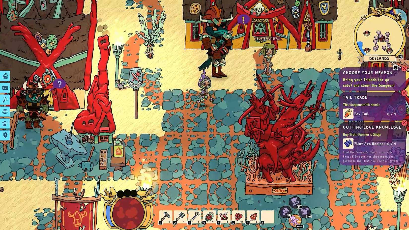 A sandy town with a red statue in the middle in Good Heavens!