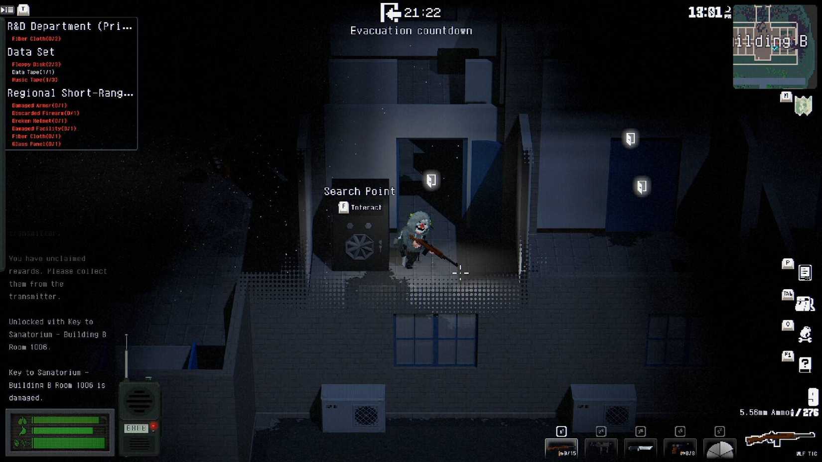 The player in No Such Place equipped with a rifle inside a building.