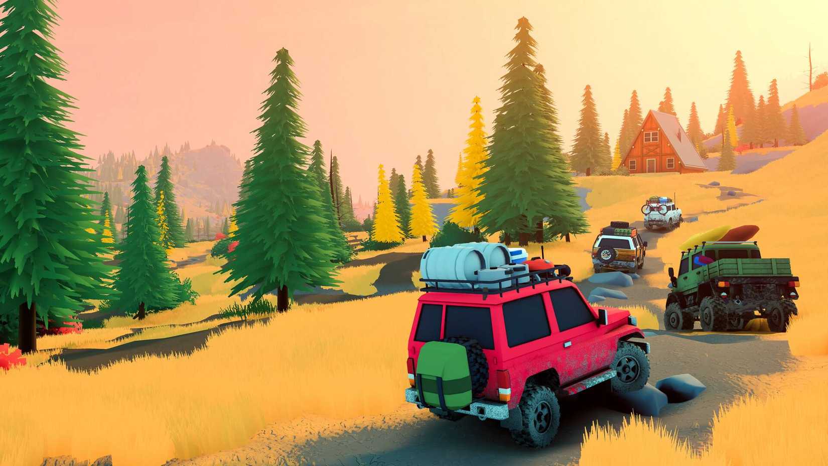 A convoy of off-road vehicles make their way to a lodge in Over The Hill.