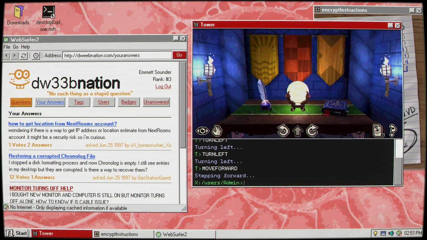 The computer interface in Desktop Explorer showing a website called dw33bnation and a minigame.
