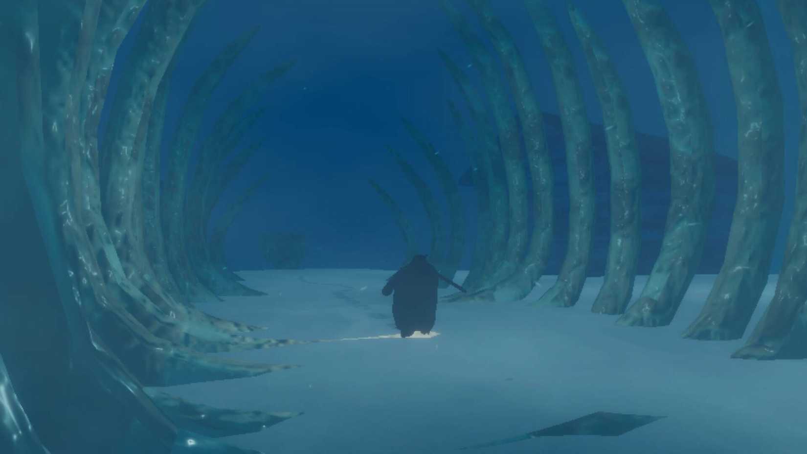 A penguin in Penguin Colony running between the bones of a huge creature.