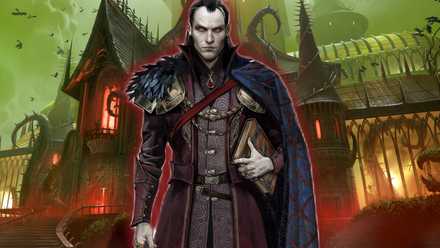 An image showing Strahd von Zarovich in front of the Borca estate in Ravenloft