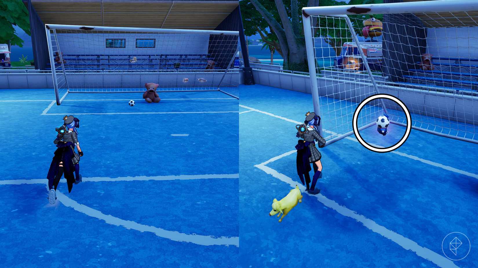 Un personaggio di Fortnite che calcia un pallone da calcio in porta, trasformandolo in uno Sprite dell'Attaccante.