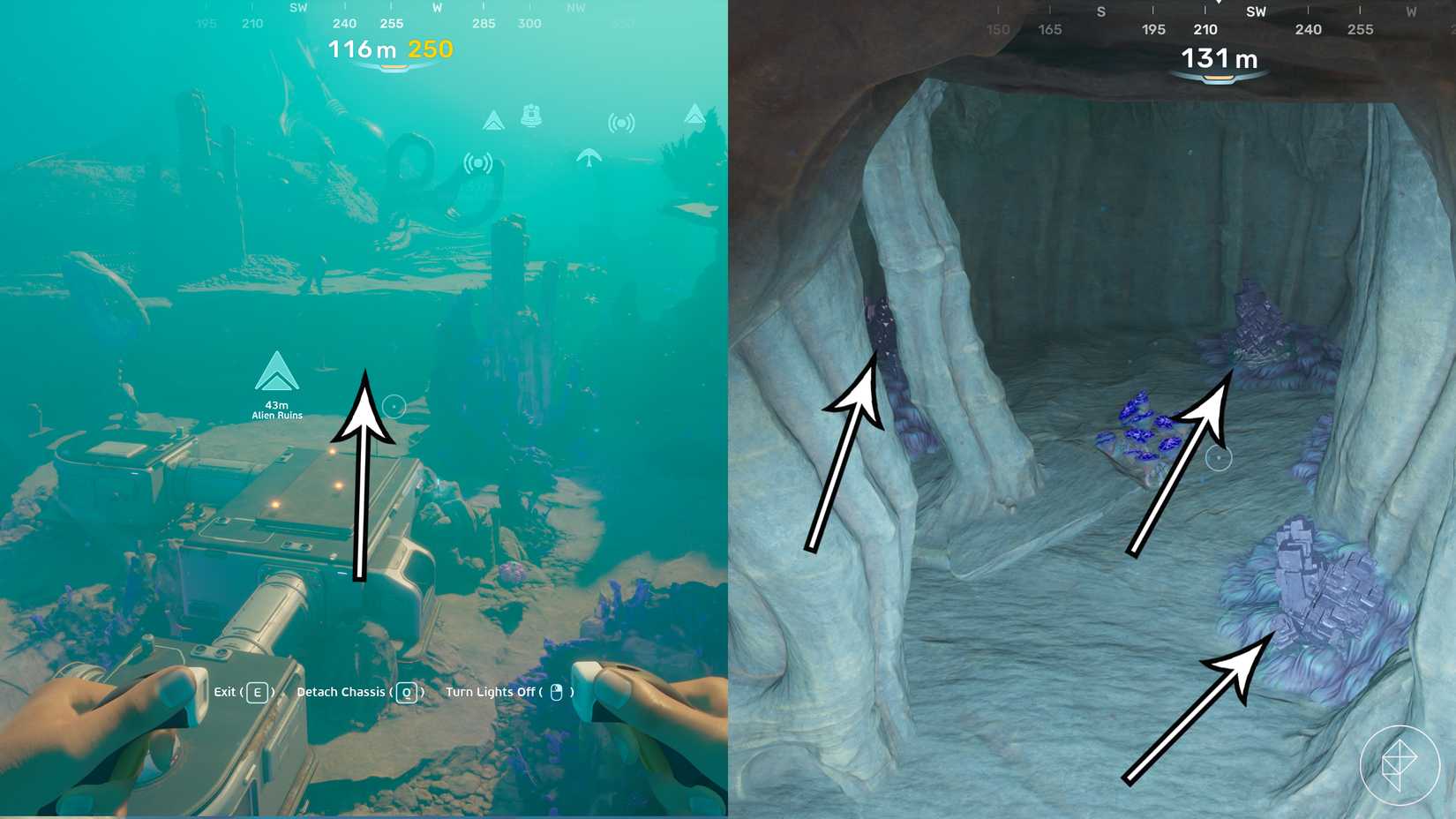 Где найти свинец в Subnautica 2 8 Стрелками указаны места расположения свинцовых рудников в локации «Инопланетные руины» в Subnautica 2.